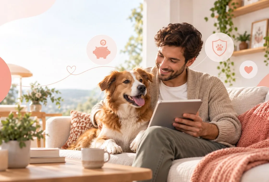 Owner with a golden-colored dog reviewing a tablet on a sofa